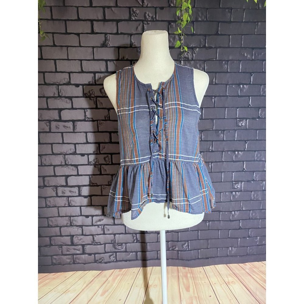 Lucky Brand Boho Relaxed Lace Front Woven Gray Plaid Sleeveless Hi-Low Top XS - Picture 3 of 5